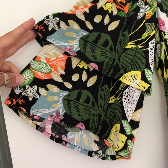 Viscose Bird Top Ruffle Sleeves Print Pattern Soft Jungle Leaves - Picture 3 of 8